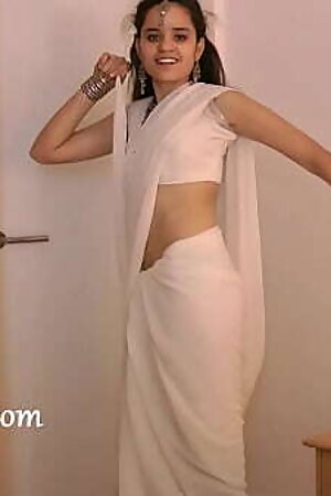Indian Beautiful Teen Babe Jasmine Striptease and Fingering In White Desi Sari - Full Hindi
