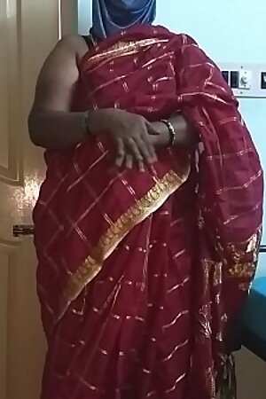 desi  indian tamil telugu kannada malayalam hindi horny cheating wife vanitha wearing cherry red colour saree showing big boobs and shaved pussy press hard boobs press nip rubbing pussy masturbation