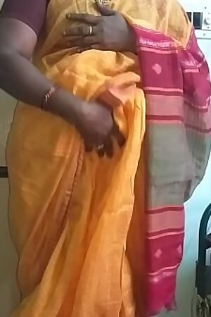desi  indian horny tamil telugu kannada malayalam hindi cheating wife vanitha wearing orange colour saree  showing big boobs and shaved pussy press hard boobs press nip rubbing pussy masturbation
