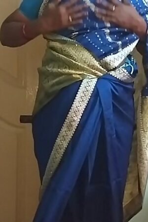 des indian horny cheating tamil telugu kannada malayalam hindi wife vanitha wearing blue colour saree  showing big boobs and shaved pussy press hard boobs press nip rubbing pussy masturbation